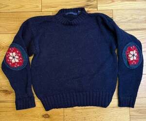 Birch Bros Sweater Womens Small Navy Blue Stitched Embroidery Elbow Patches Wool
